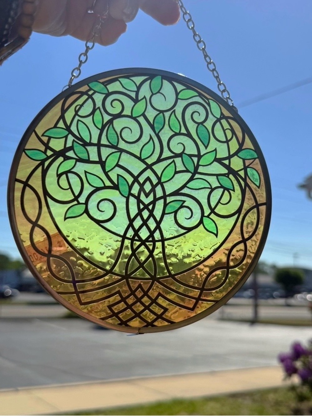 Stained Glass Tree of Life Suncatcher - Green and Amber